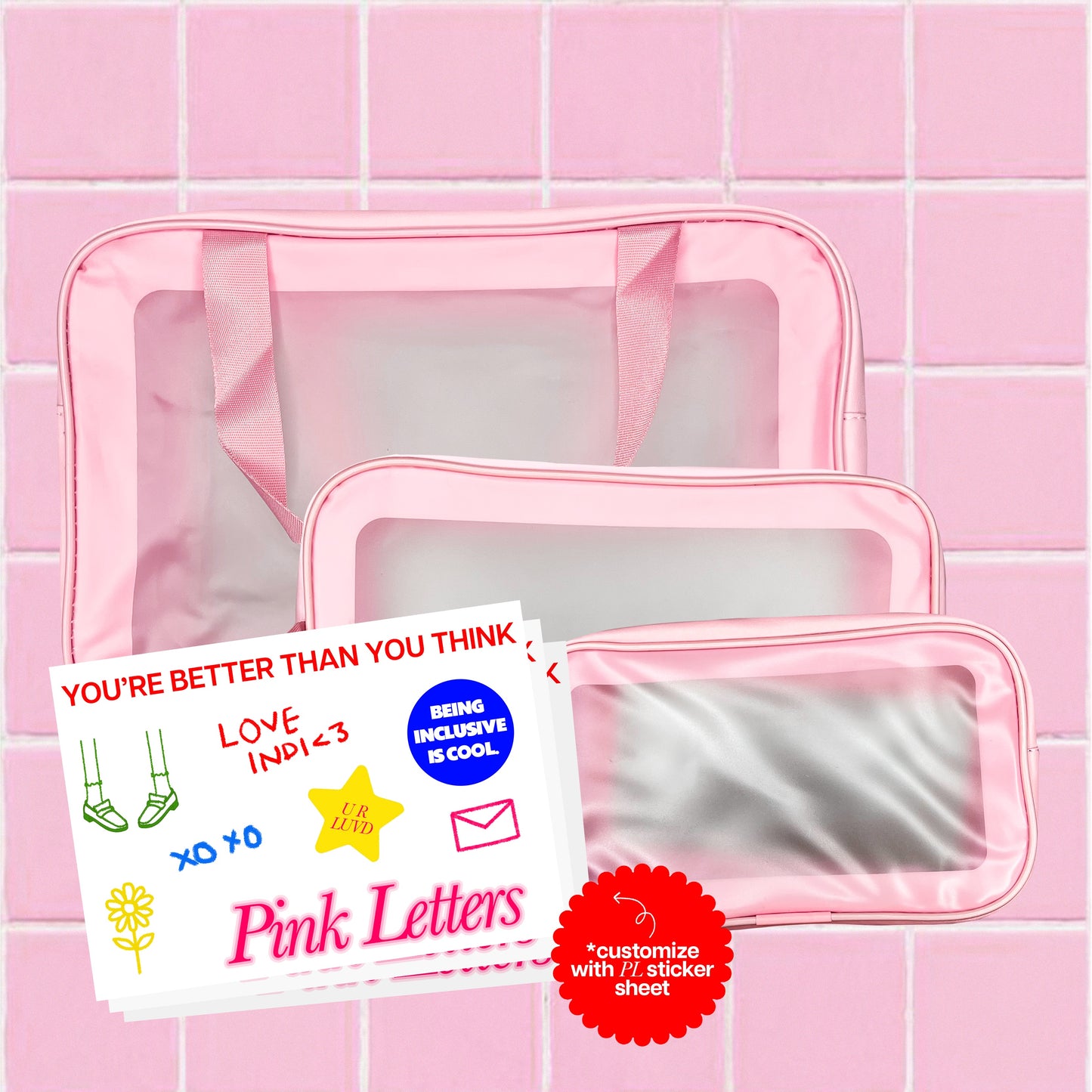 3 Piece Bundle Of Pink Wash Bags To Customise